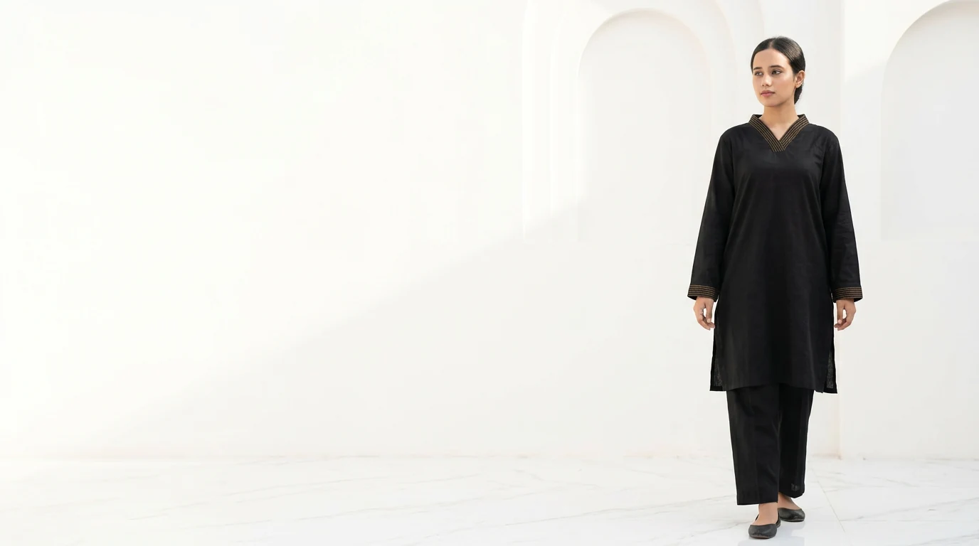 Maha Wear black kurti with gold neckline and cuff detailing